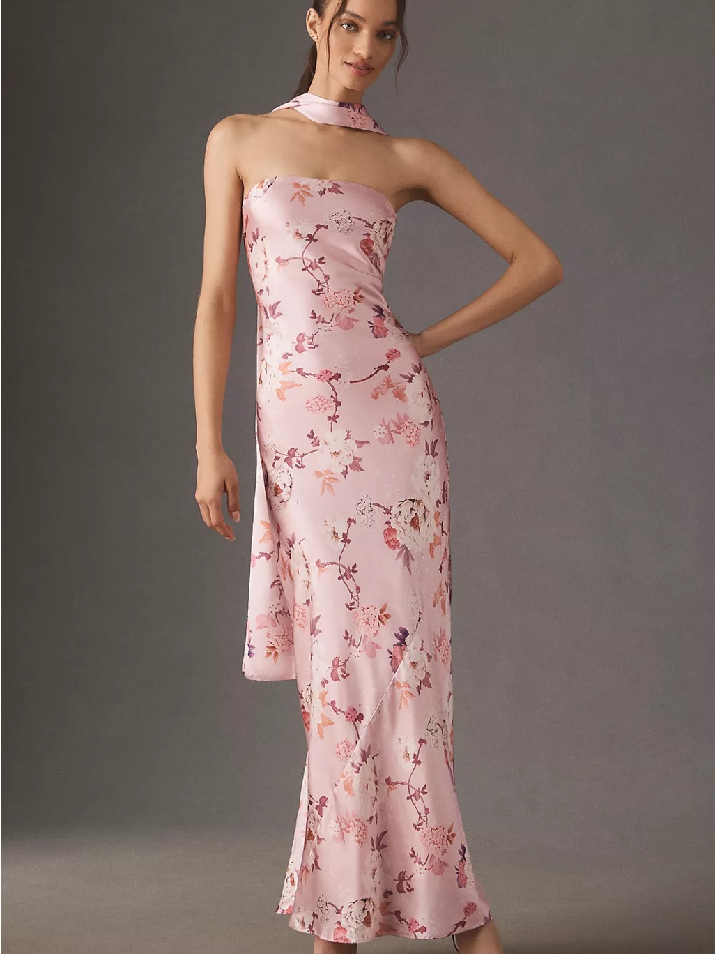 Anthropologie Pink Floral Satin Strapless Gown With Sash